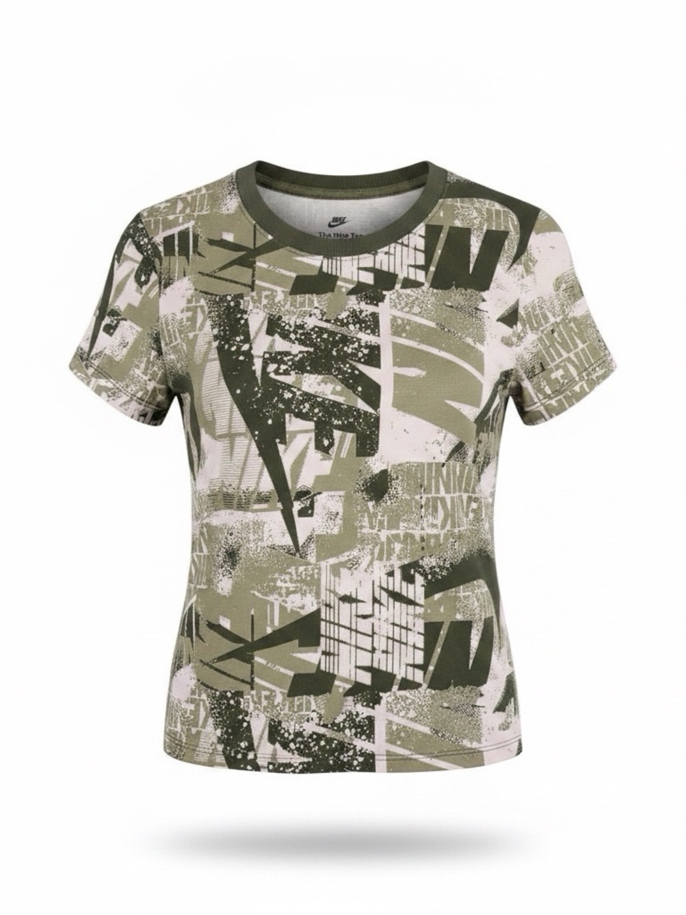 Nike Womens Green Camo T-Shirt Olive Camouflage Swoosh Tee Slim Fit
